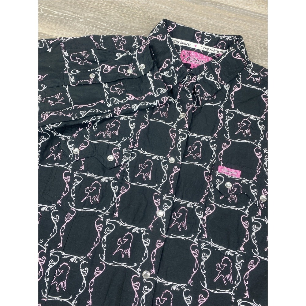 Cowgirl Hardware Pearl Snap Snap Black with Pink Horses Western Shirt XL